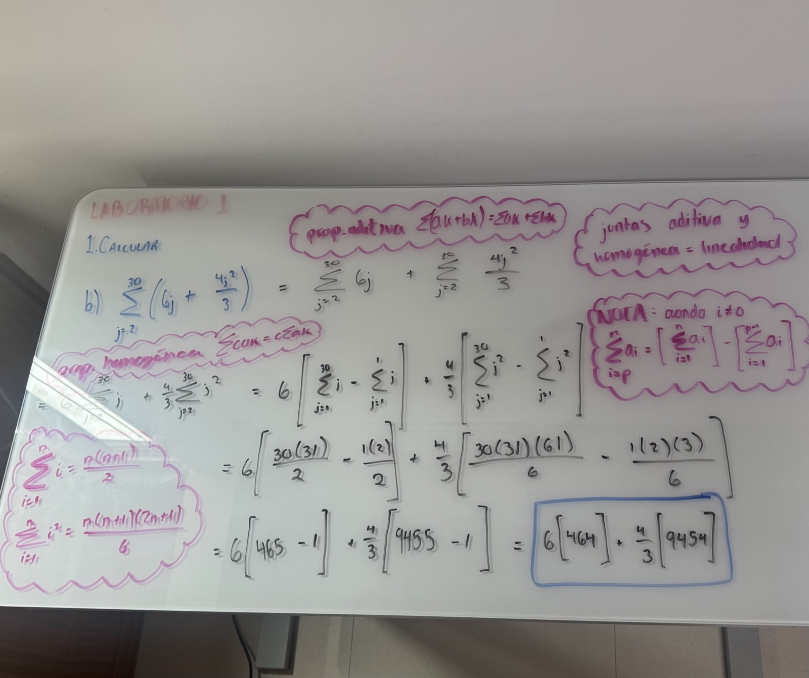 La solución 1-B en limpio: linealidad y las dos fórmulas, 6[464] + ⁴⁄₃[9454]