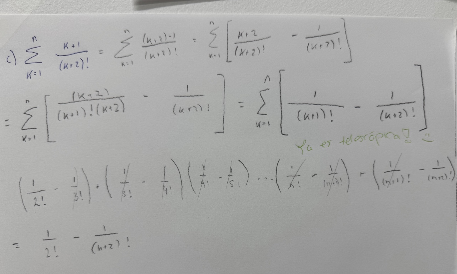 La solución 1-C en limpio: completar, «ya es telescópica»… y ½ − 1/(n+2)!