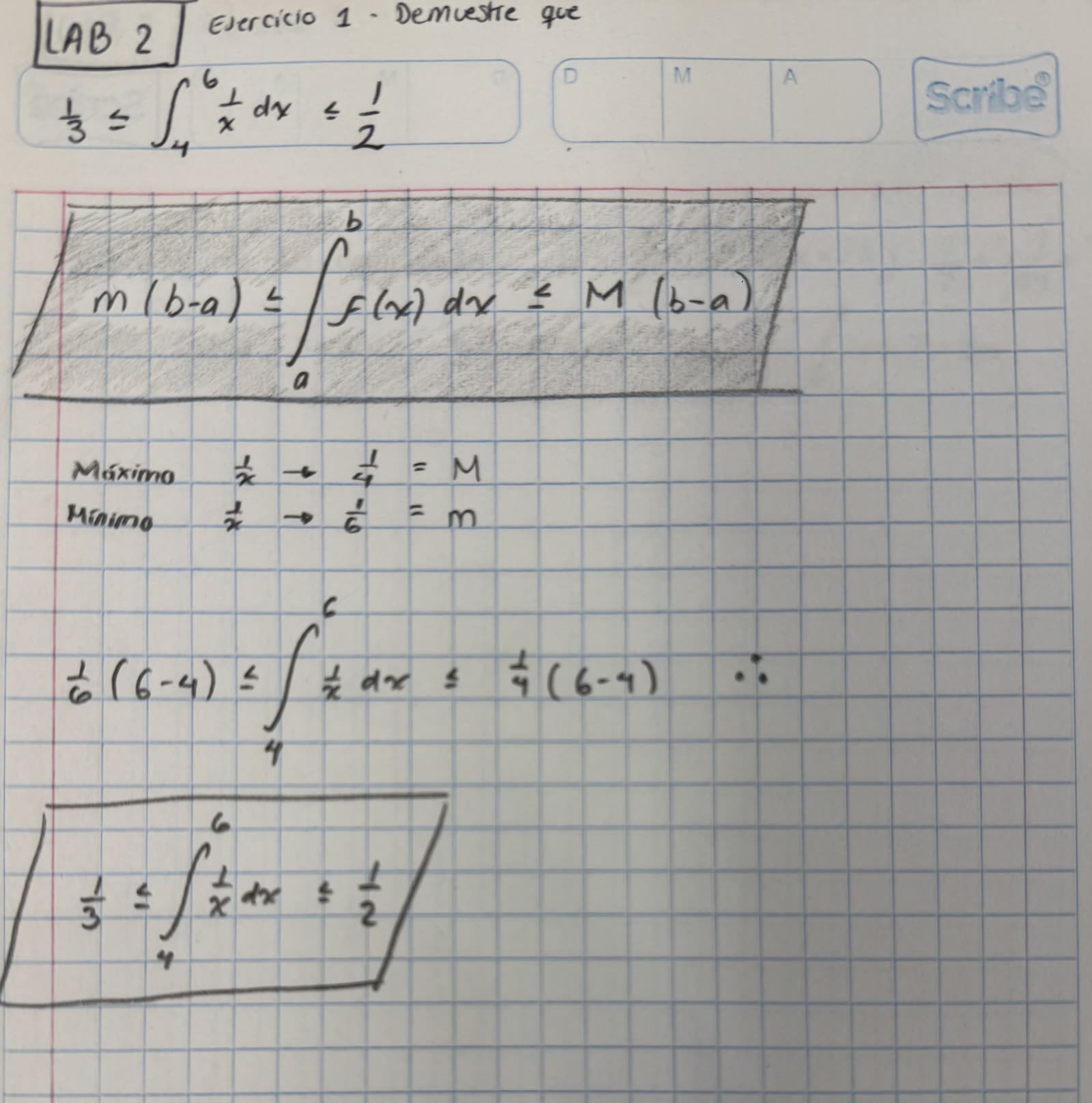 La solución del ejercicio 1 en limpio: mín–máx, M = ¼, m = ⅙… y ⅓ ≤ ∫ ≤ ½ enmarcado