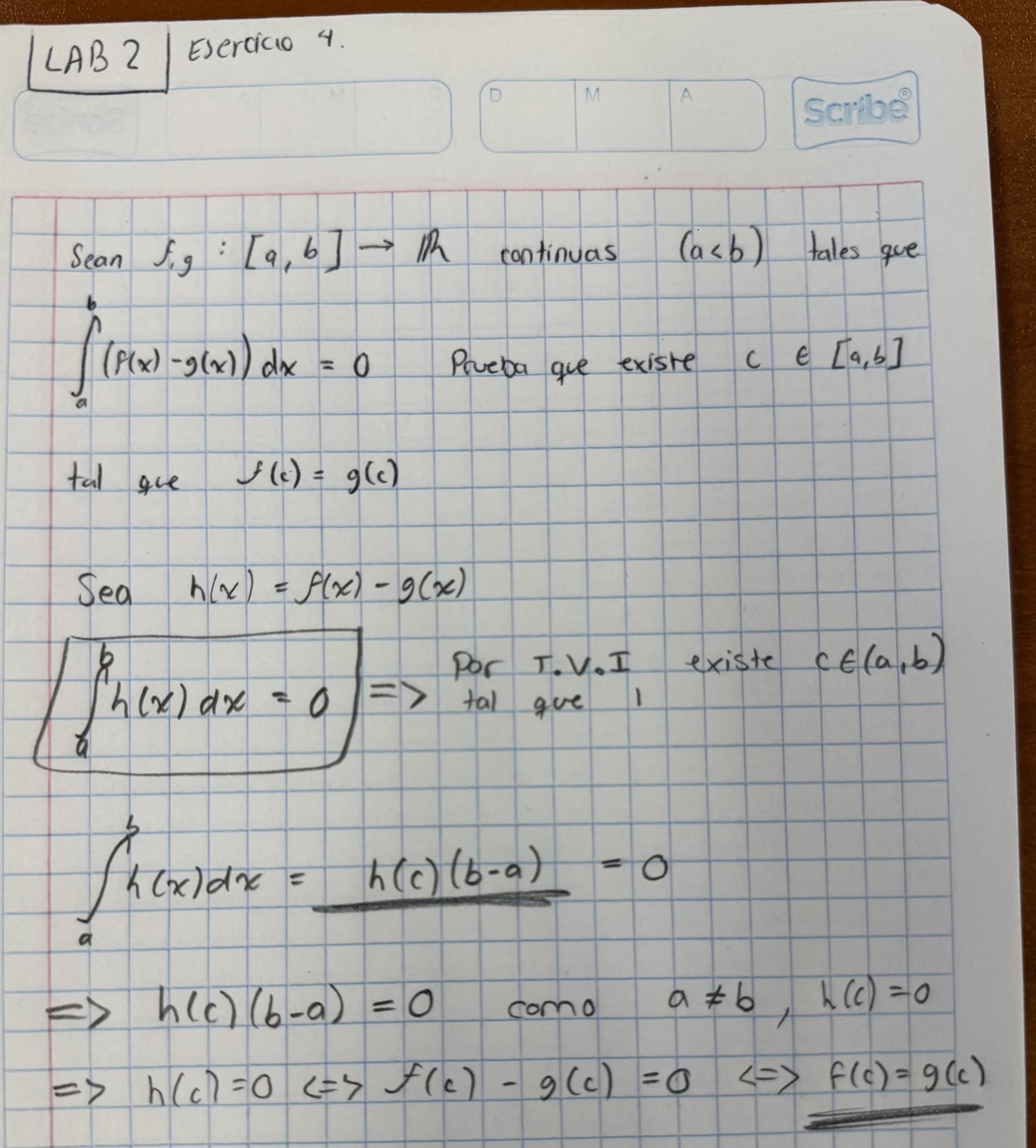 La solución del ejercicio 4 en limpio: h = f − g, el T.V.I… y f(c) = g(c) subrayado
