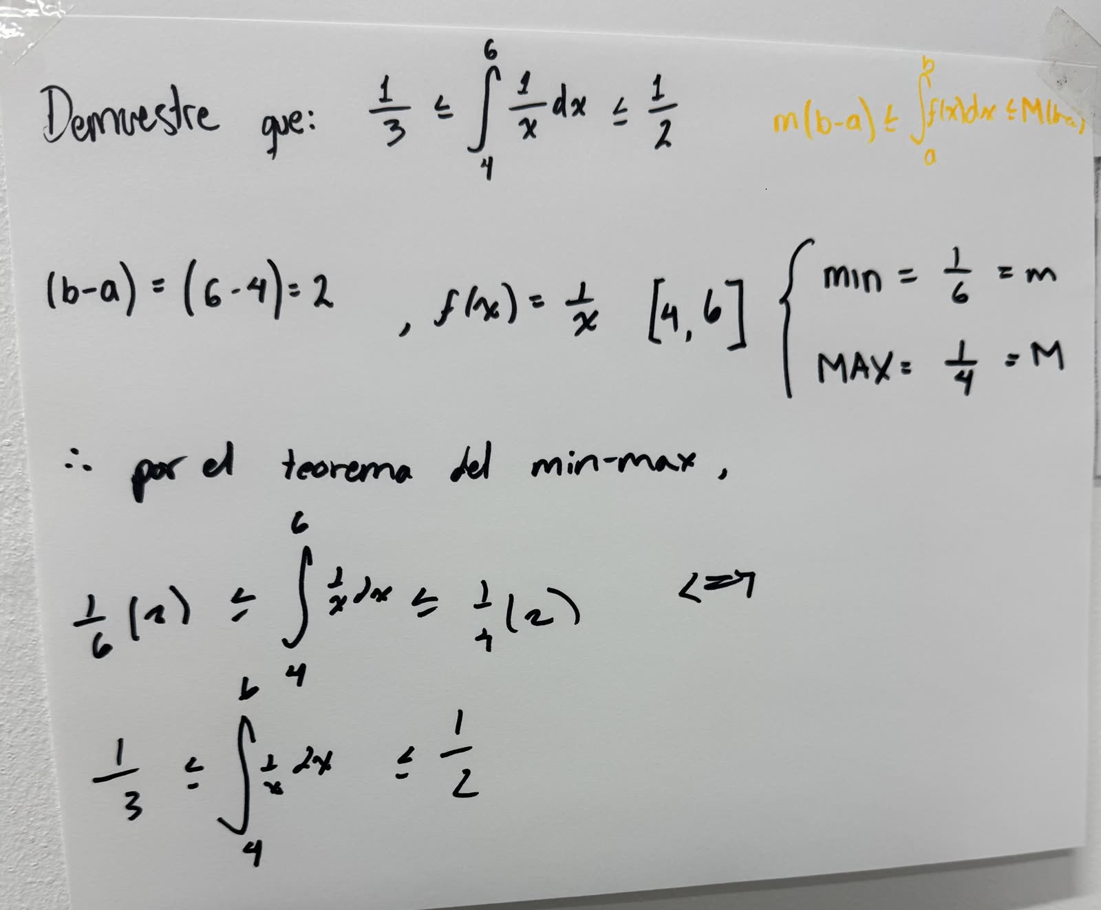 La solución del ejercicio 1 en limpio — versión Clase 5: la plantilla en ámbar, m = ⅙, M = ¼… y ⅓ ≤ ∫ ≤ ½