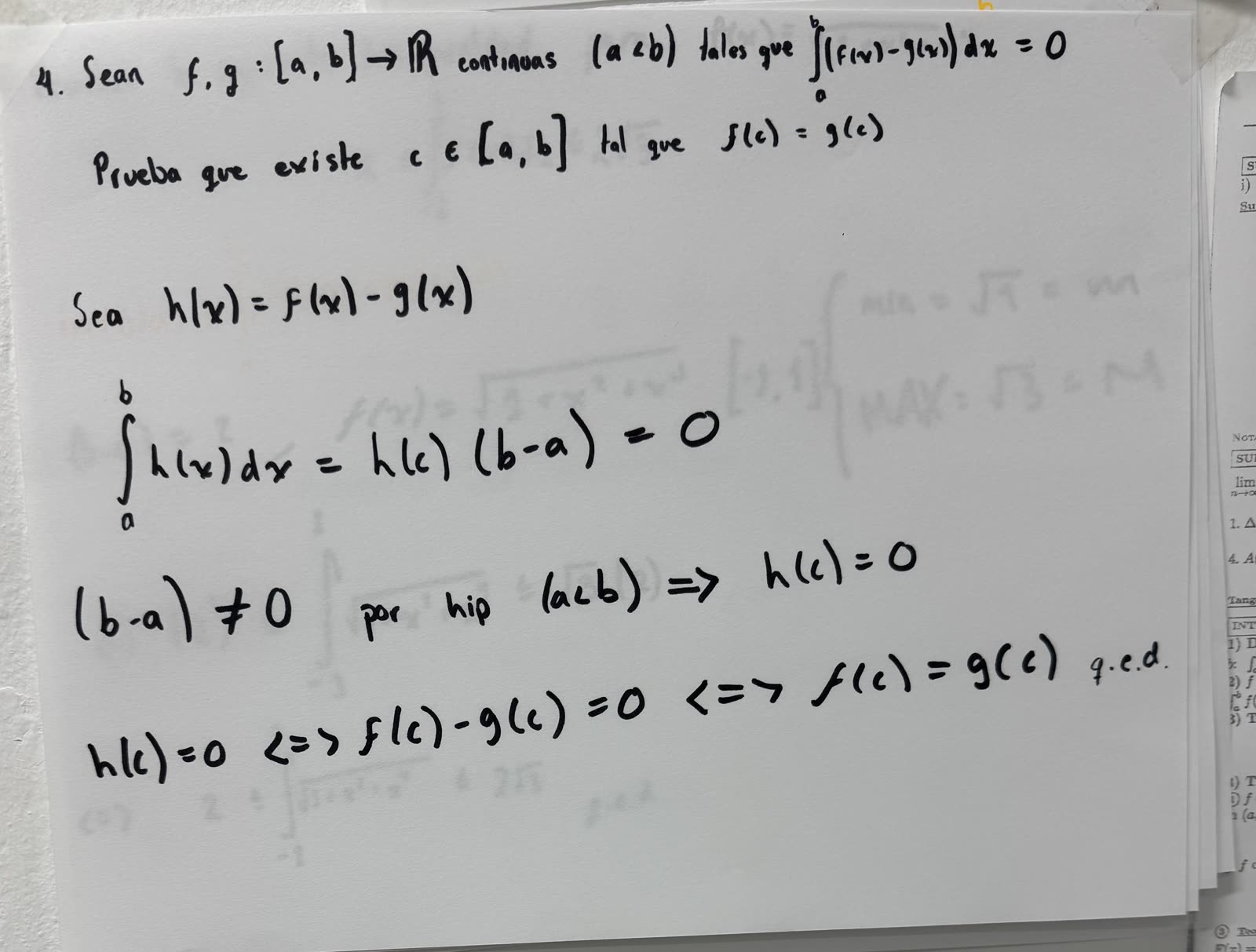 La solución del ejercicio 4 en limpio — versión Clase 5: h = f − g, (b − a) ≠ 0… y f(c) = g(c), q.e.d.